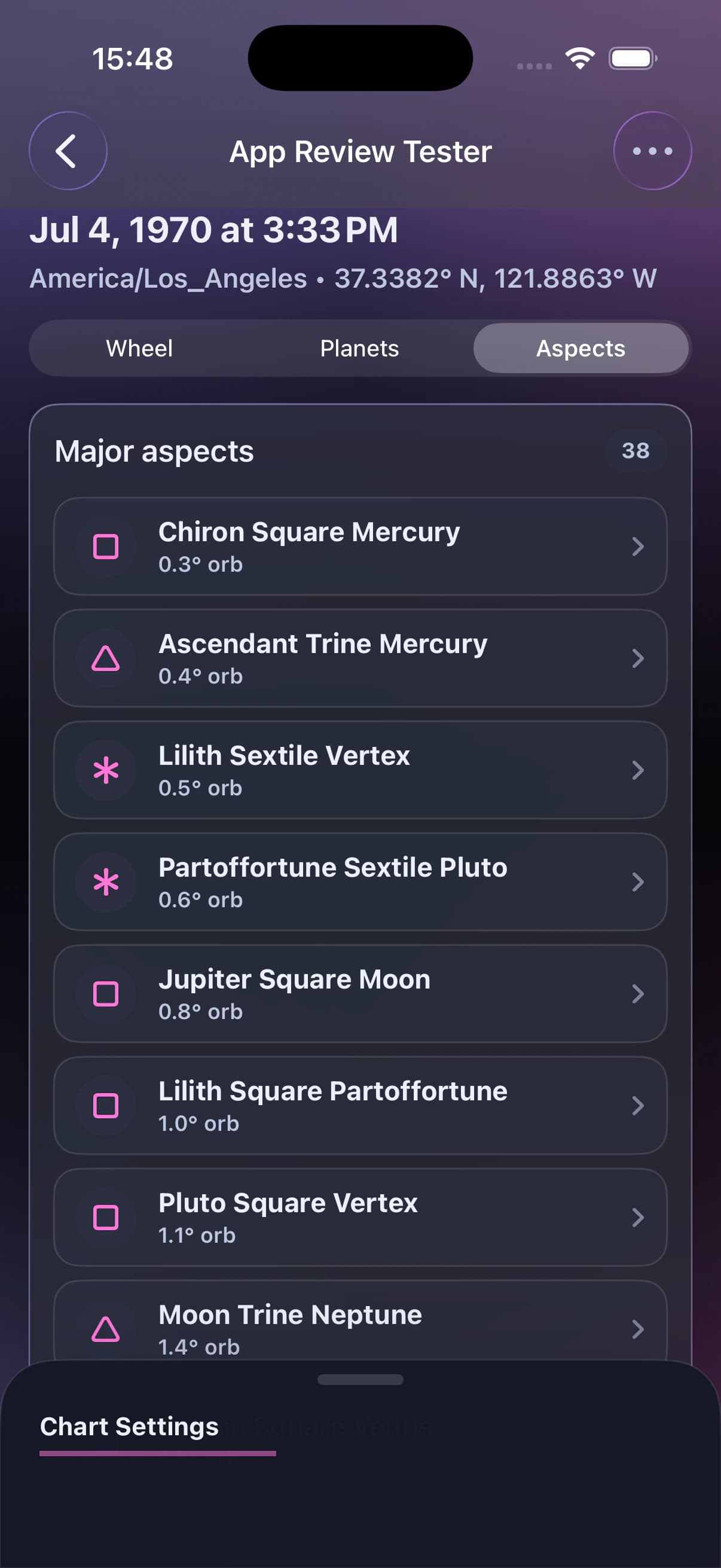 Hypergate chart aspects screen on iPhone